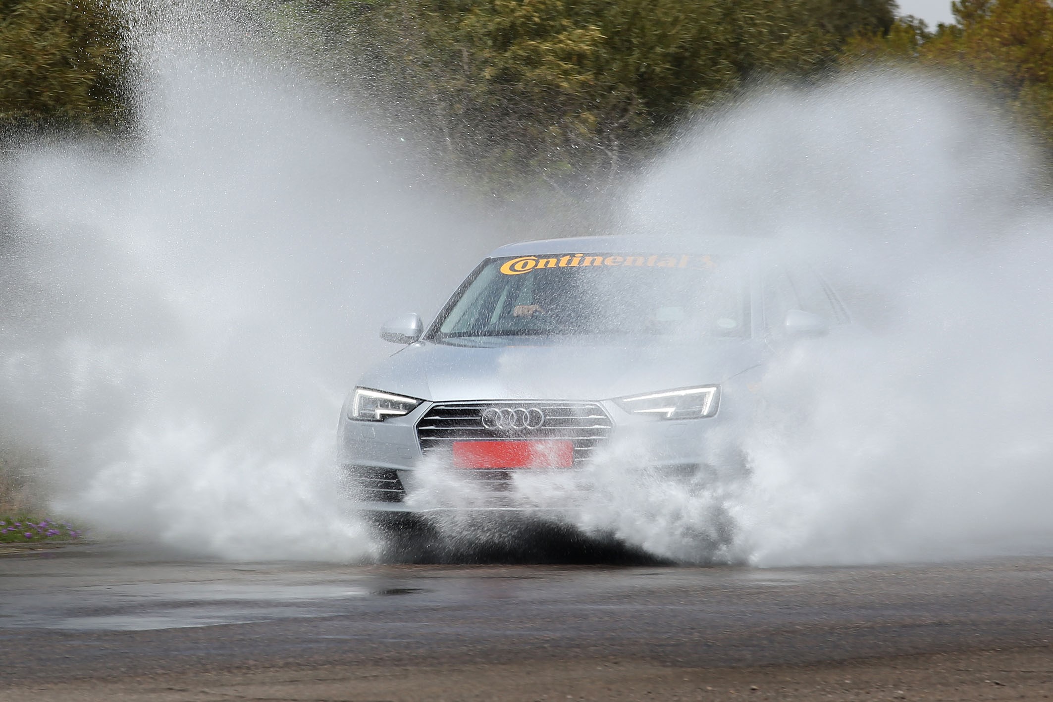 Photo by Inga Terblanche A car with worn tyres driving through the water during a demonstration of aquaplaning at the Automobile Association’s (AA) car tyre safety demonstration at the Gerotek Test Facilities. 