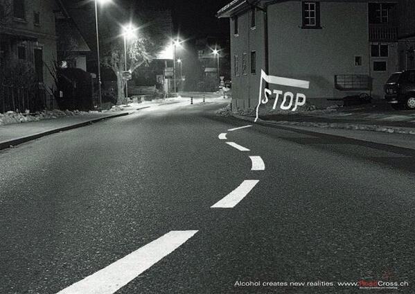 Alcohol affecting your driving ability - road lines going skew