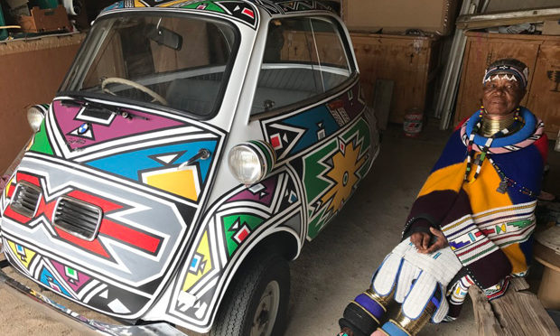 Esther-Mahlangu-and-her-latest-BMW-art-car,-painted-for-Concours-South-Africa-2017-this-coming-August