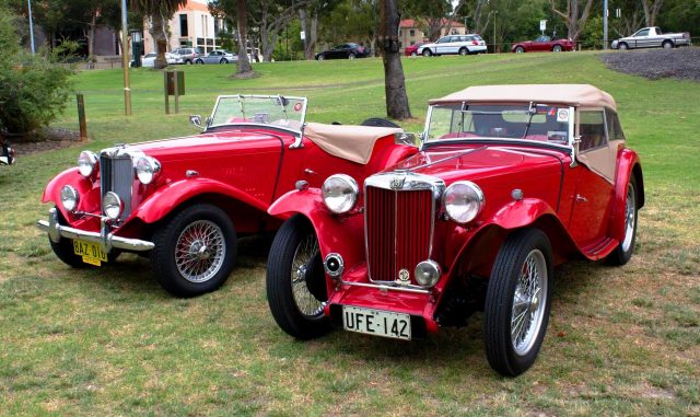 MG TD and TC in a genteel garden setting.